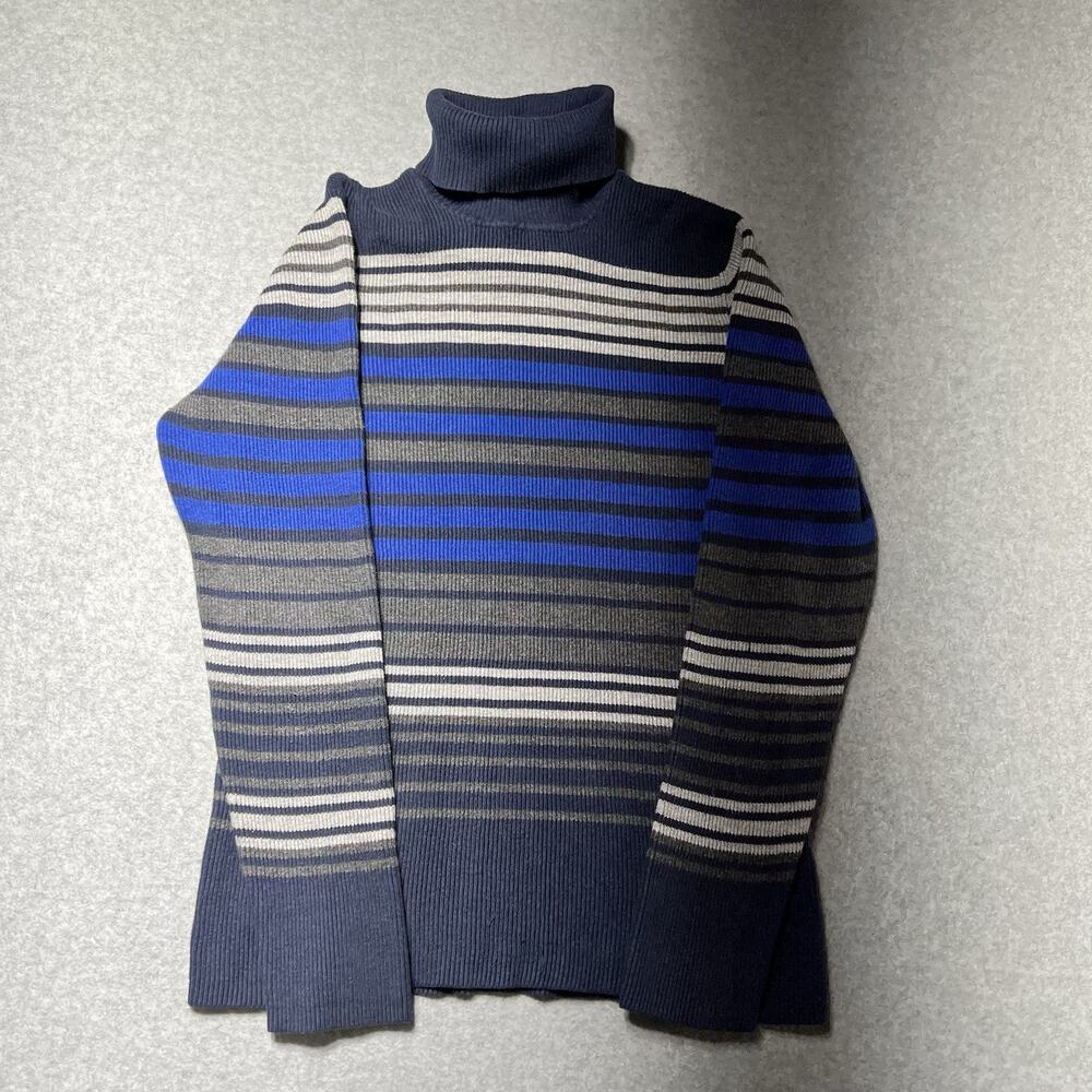 Orvis Striped Turtleneck Knit Pullover Sweater Blue/Gray/White Large